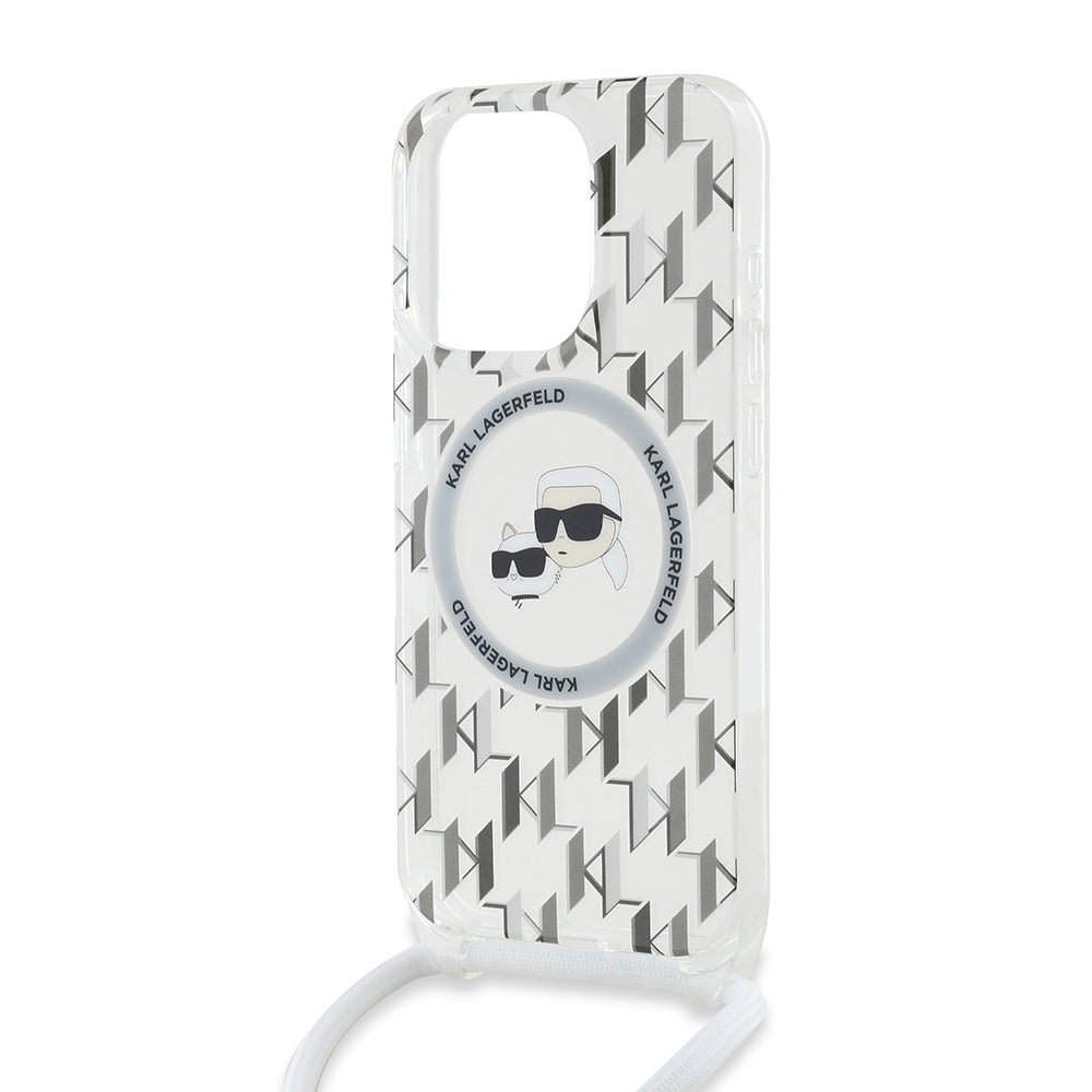 MagSafe Case for Apple iPhone 15 Pro Max, Karl Lagerfeld, IML Crossbody Monogram Karl & Choupette's Heads, Transparent
