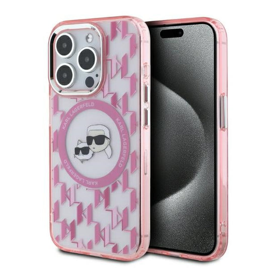MagSafe Case for Apple iPhone 15 Pro Max, Karl Lagerfeld, IML Monogram Karl & Choupette's Heads, Pink