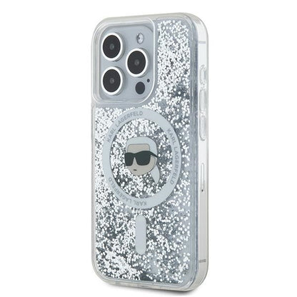 MagSafe Case for Apple iPhone 15 Pro Max, Karl Lagerfeld, Liquid Glitter Karl's Head, Transparent