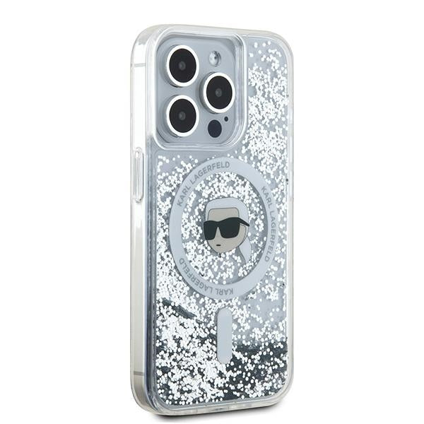 MagSafe Case for Apple iPhone 15 Pro Max, Karl Lagerfeld, Liquid Glitter Karl's Head, Transparent
