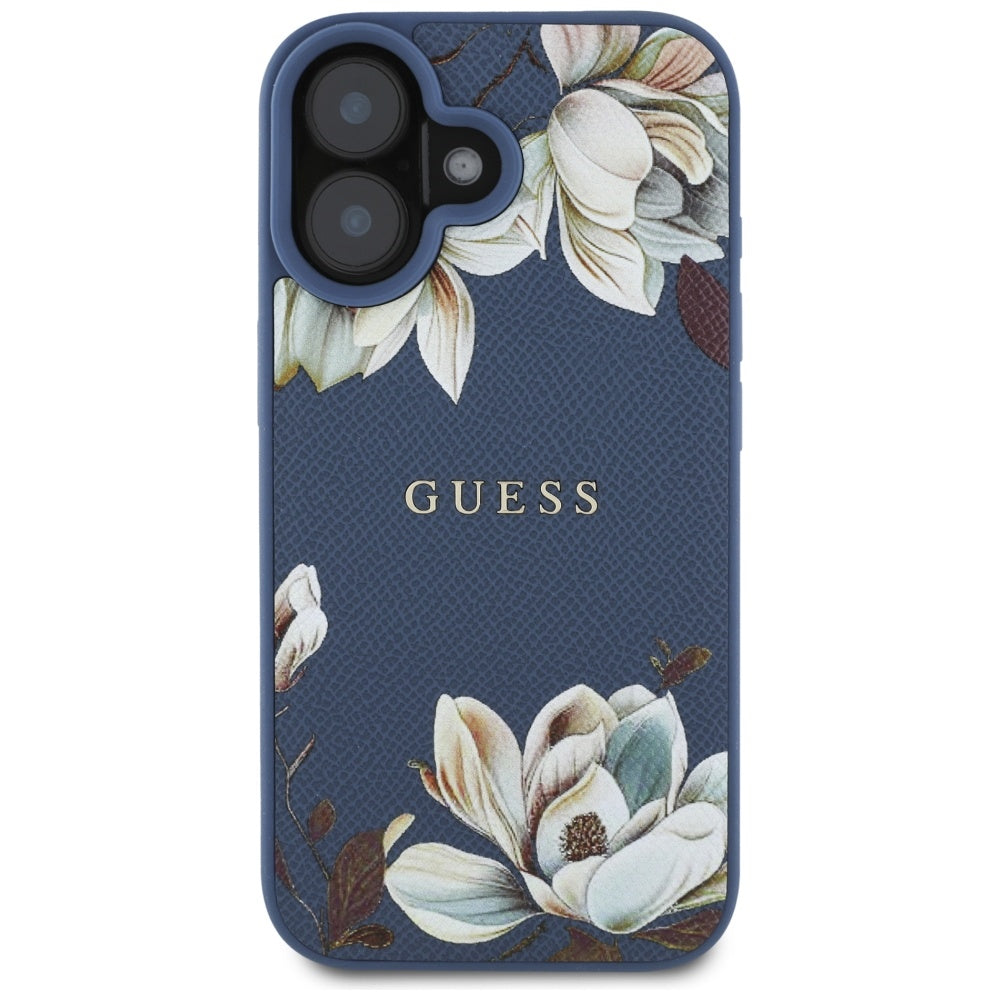MagSafe Case for Apple iPhone 16, Guess, Grained Flowers, Blue