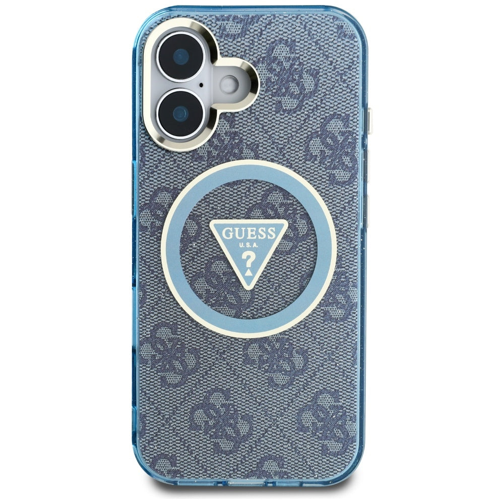 MagSafe Case for Apple iPhone 16, Guess, IML Glitter 4G Circle Triangle, Blue
