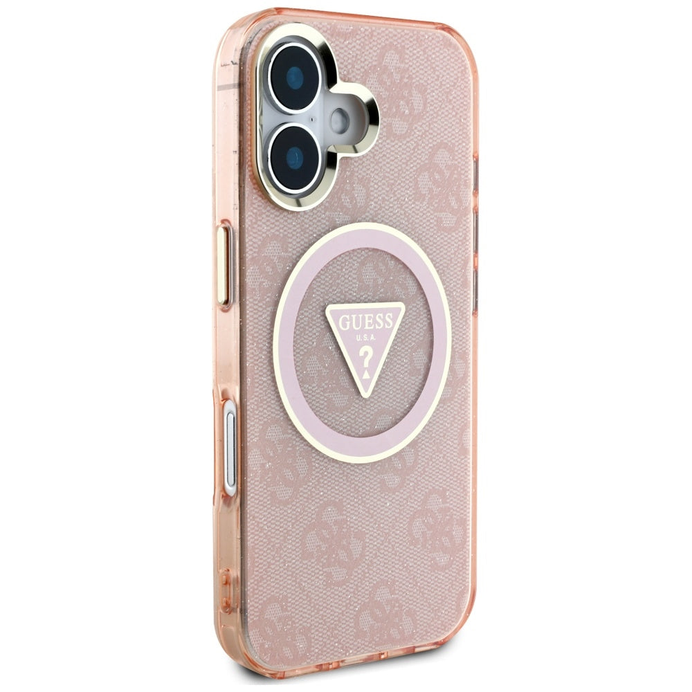 MagSafe Case for Apple iPhone 16, Guess, IML Glitter 4G Circle Triangle, Pink