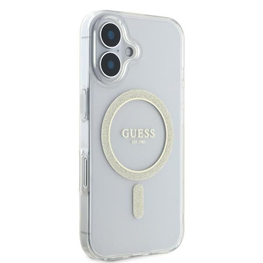 MagSafe Case for Apple iPhone 16, Guess, IML Glitter Circle, Transparent