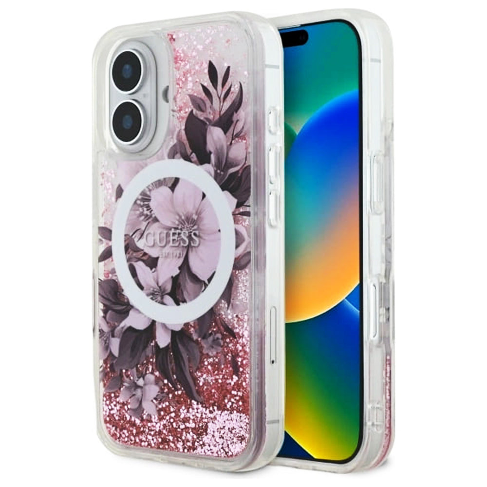 MagSafe Case for Apple iPhone 16, Guess, Liquid Glitter Flower, Pink