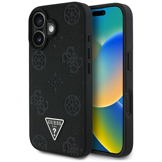 MagSafe Case for Apple iPhone 16, Guess, Peony Grained Hot Stamp Triangle, Black