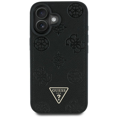 MagSafe Case for Apple iPhone 16, Guess, Peony Grained Hot Stamp Triangle, Black