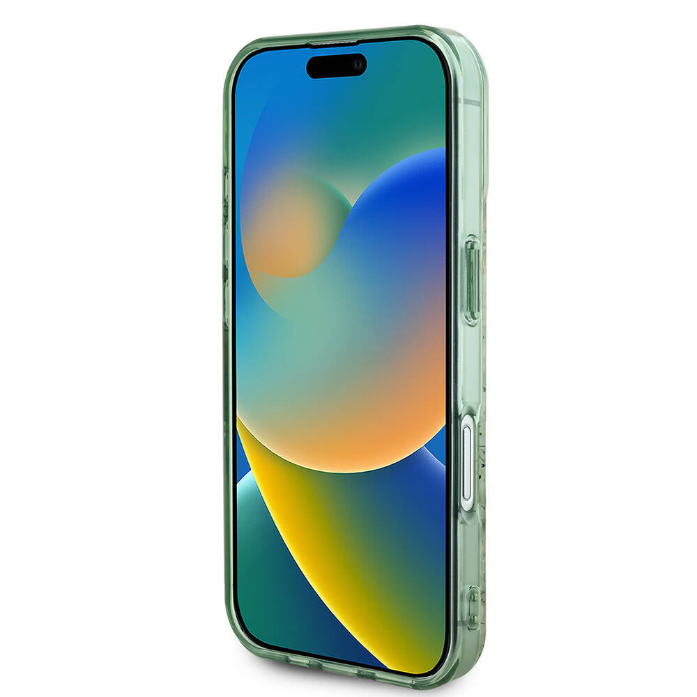 MagSafe Case for Apple iPhone 16 Plus, Guess, IML Flowers with Pearl Strap, Green