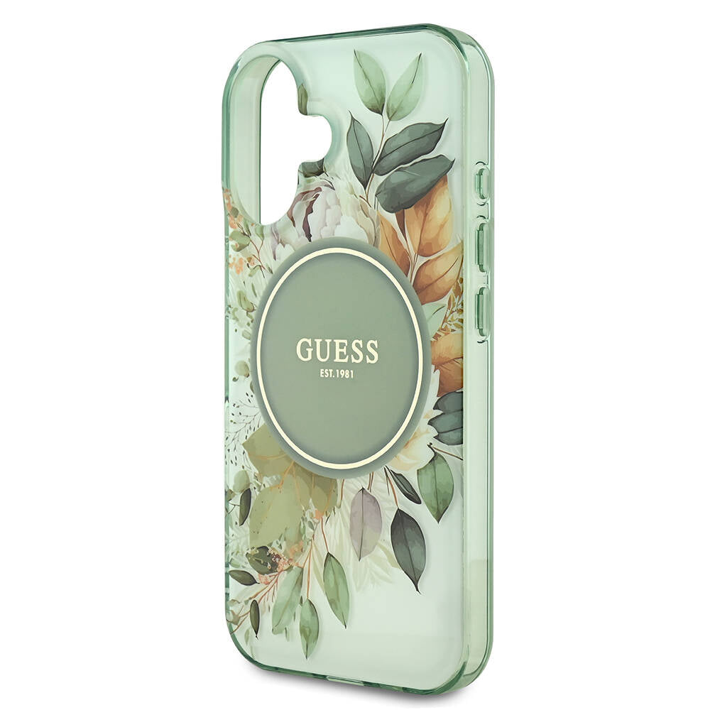 MagSafe Case for Apple iPhone 16 Plus, Guess, IML Flowers with Pearl Strap, Green