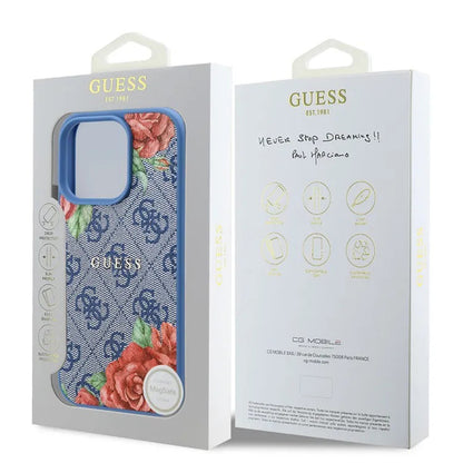 MagSafe Case for Apple iPhone 16 Pro, Guess, 4G Flowers Print, Blue