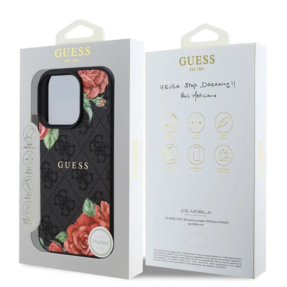 MagSafe Case for Apple iPhone 16 Pro, Guess, 4G Flowers Print, Black