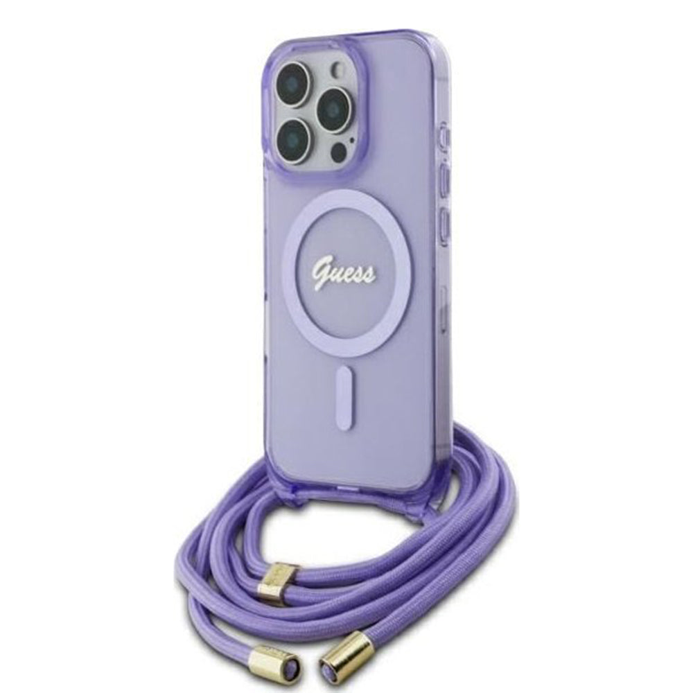 MagSafe Case for Apple iPhone 16 Pro, Guess, IML Crossbody Cord Script, Purple