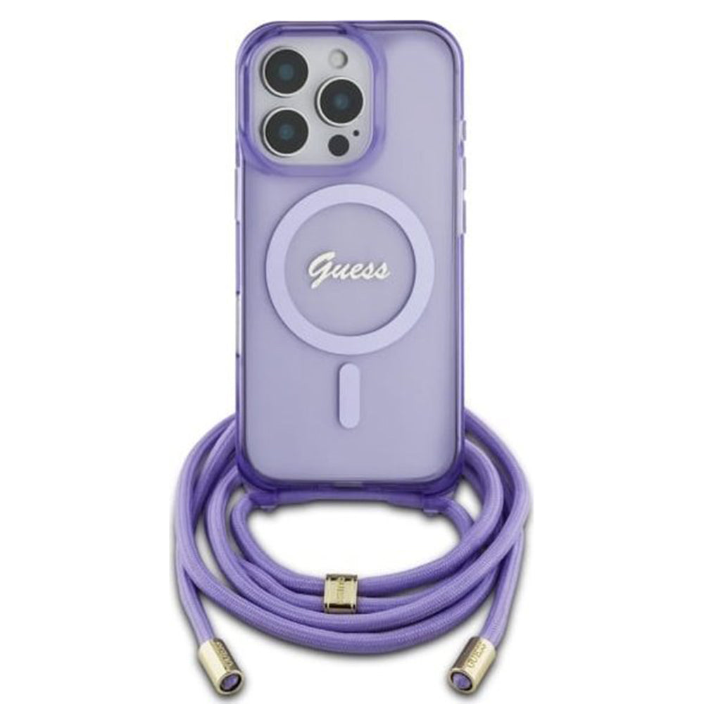 MagSafe Case for Apple iPhone 16 Pro, Guess, IML Crossbody Cord Script, Purple