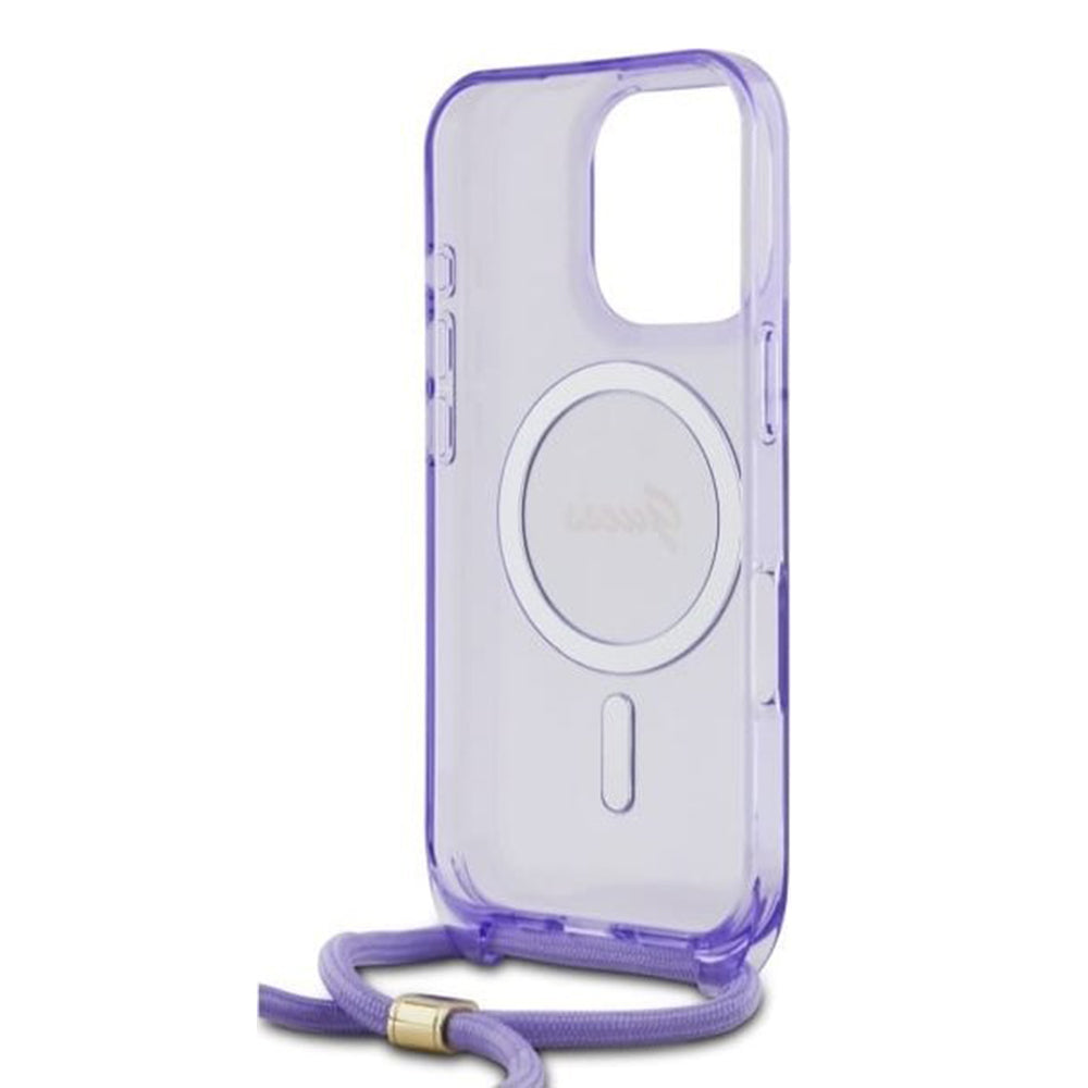 MagSafe Case for Apple iPhone 16 Pro, Guess, IML Crossbody Cord Script, Purple