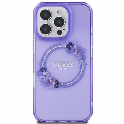 MagSafe Case for Apple iPhone 16 Pro, Guess, IML Flowers Wreath, Purple