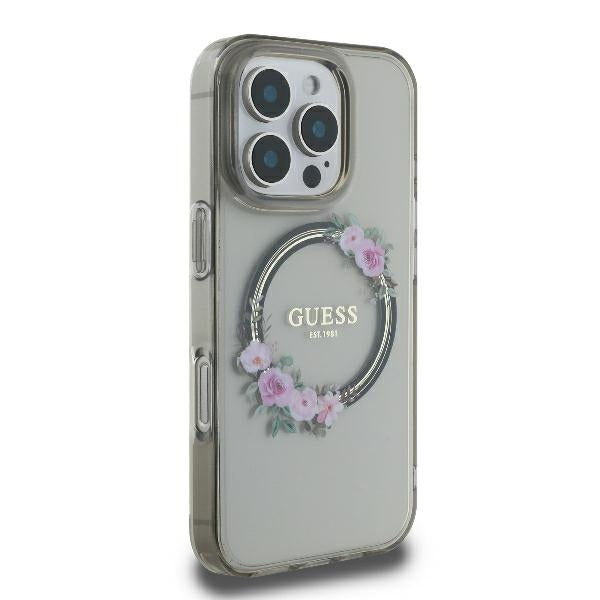 MagSafe Case for Apple iPhone 16 Pro, Guess, IML Flowers Wreath, Black