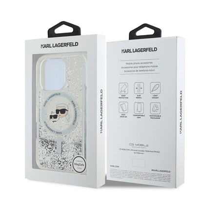MagSafe Case for Apple iPhone 16 Pro, Karl Lagerfeld, Liquid Glitter Karl & Choupette's Heads, Transparent