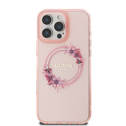 MagSafe Case for Apple iPhone 16 Pro Max, Guess, IML Flowers Wreath, Pink