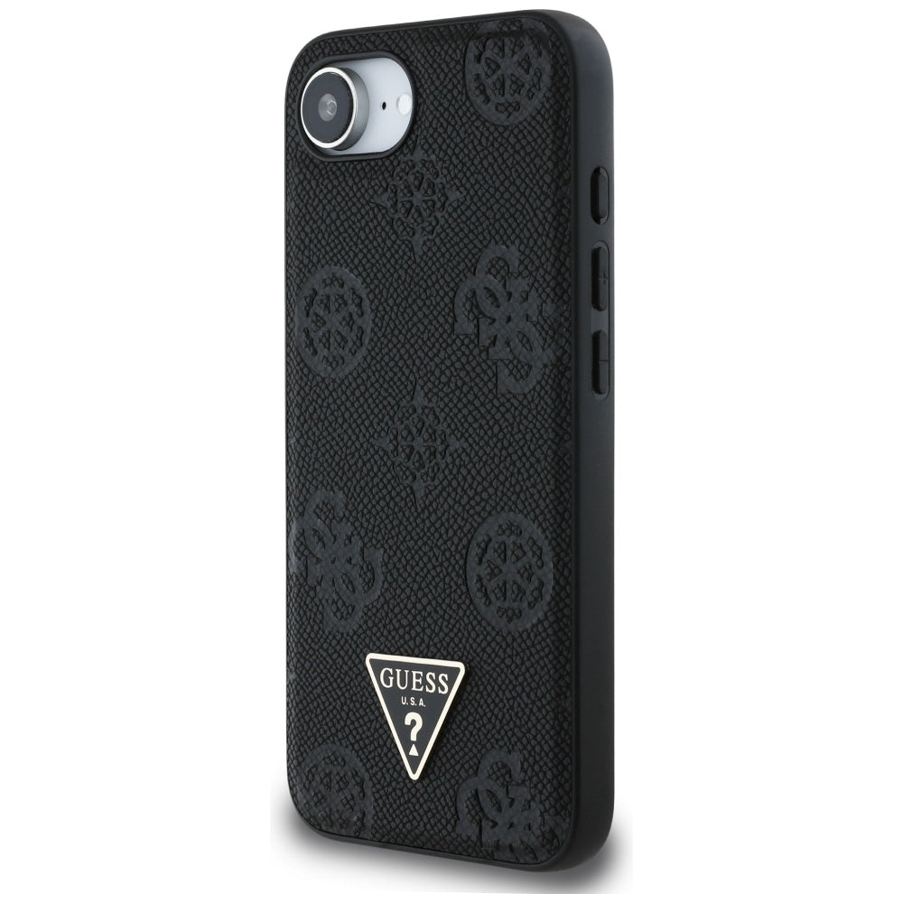 MagSafe Case for Apple iPhone 16e, Guess, Peony Grained Hot Stamp Triangle, Black