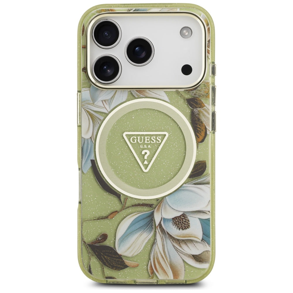 MagSafe Case for Apple iPhone 17 Pro Max, Guess, IML Metal Glitter Flowers Triangle, Green