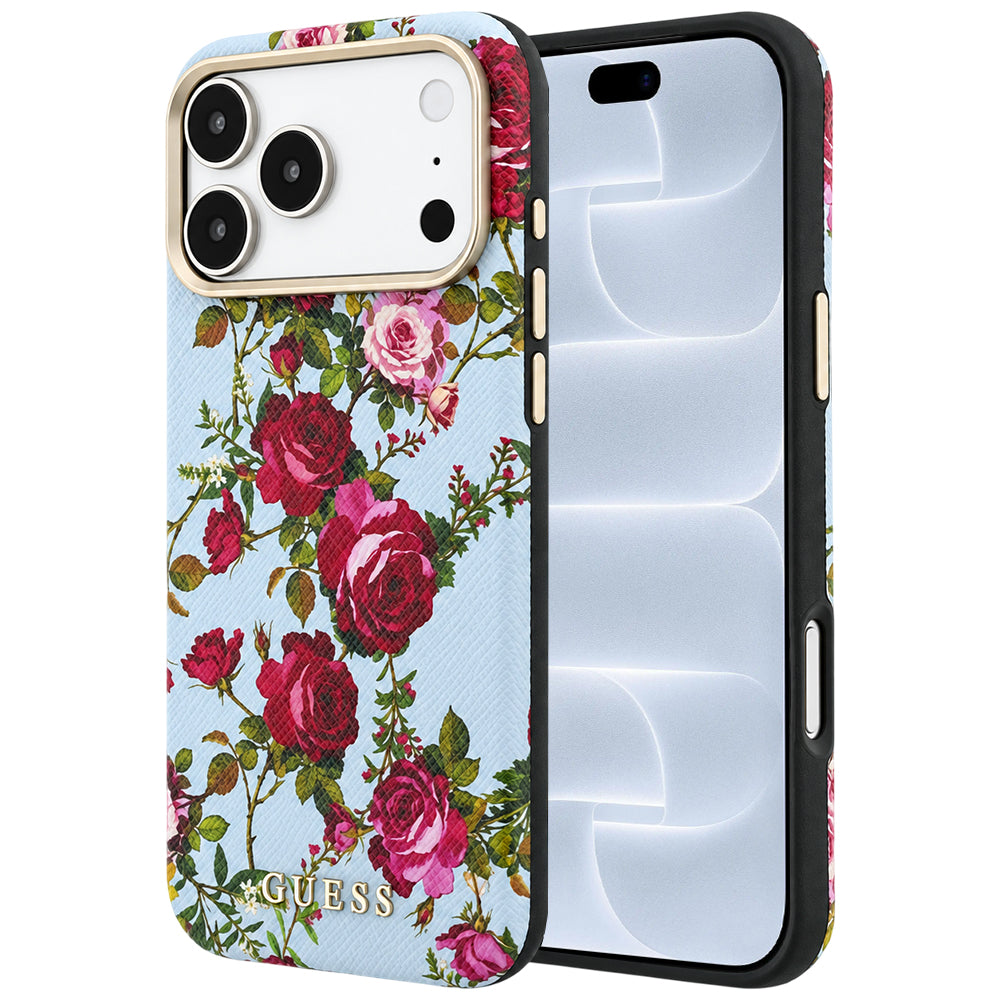 MagSafe Case for Apple iPhone 18 Pro / 17 Pro, Guess, Blossom Roses Print, Blue
