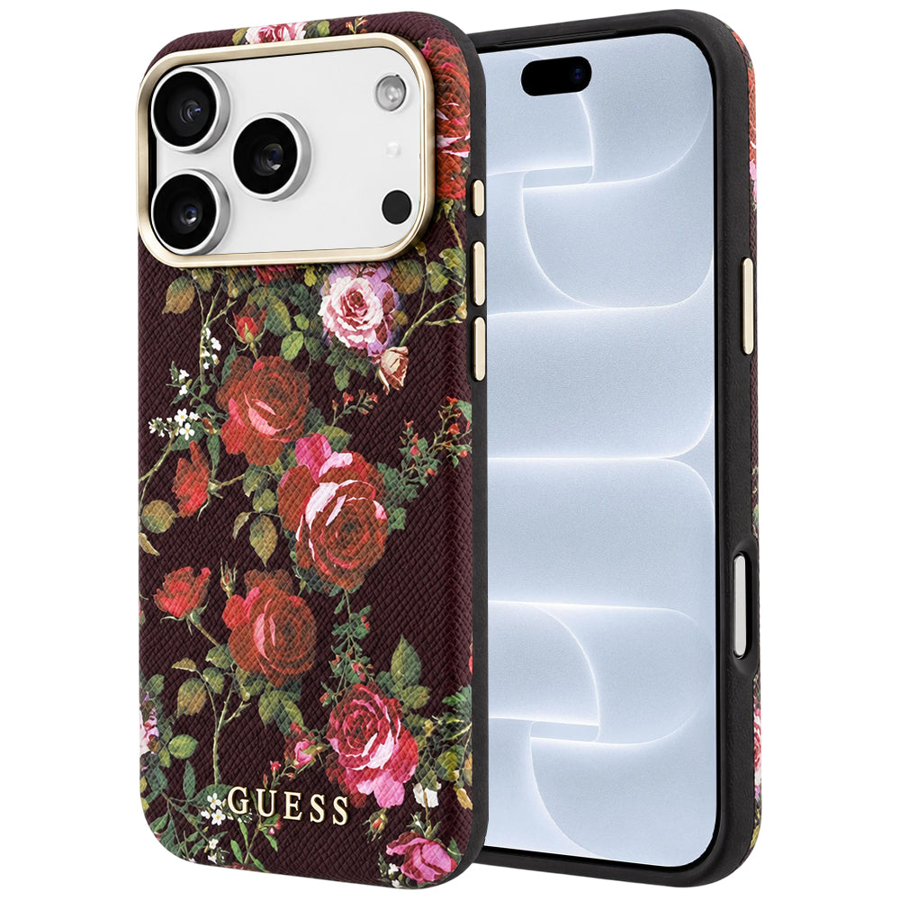 MagSafe Case for Apple iPhone 18 Pro / 17 Pro, Guess, Blossom Roses Print, Burgundy