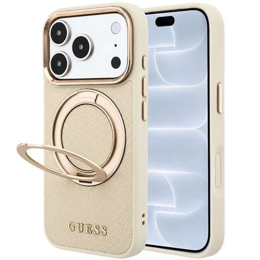 MagSafe Case for Apple iPhone 18 Pro / 17 Pro, Guess, Grained Ring Stand 360 Classic, Beige