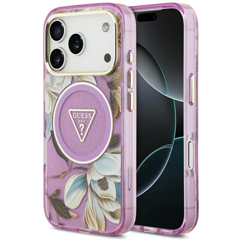 MagSafe Case for Apple iPhone 18 Pro / 17 Pro, Guess, IML Metal Glitter Flowers Triangle, Purple