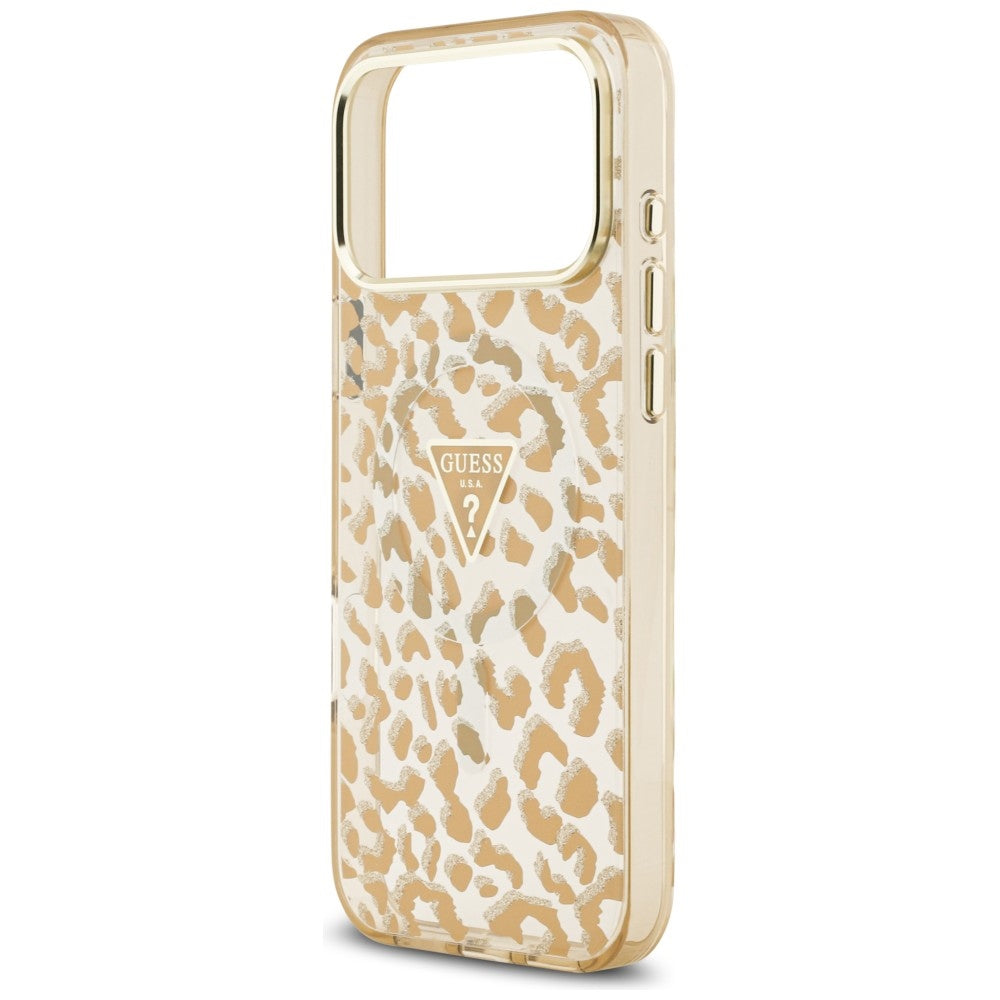 MagSafe Case for Apple iPhone 18 Pro / 17 Pro, Guess, Leopard Glitter Triangle Logo, Brown