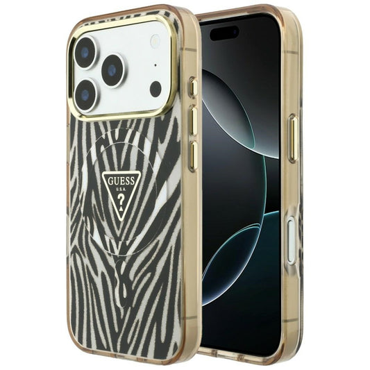 MagSafe Case for Apple iPhone 18 Pro / 17 Pro, Guess, Zebra Glitter Triangle Logo, Gold