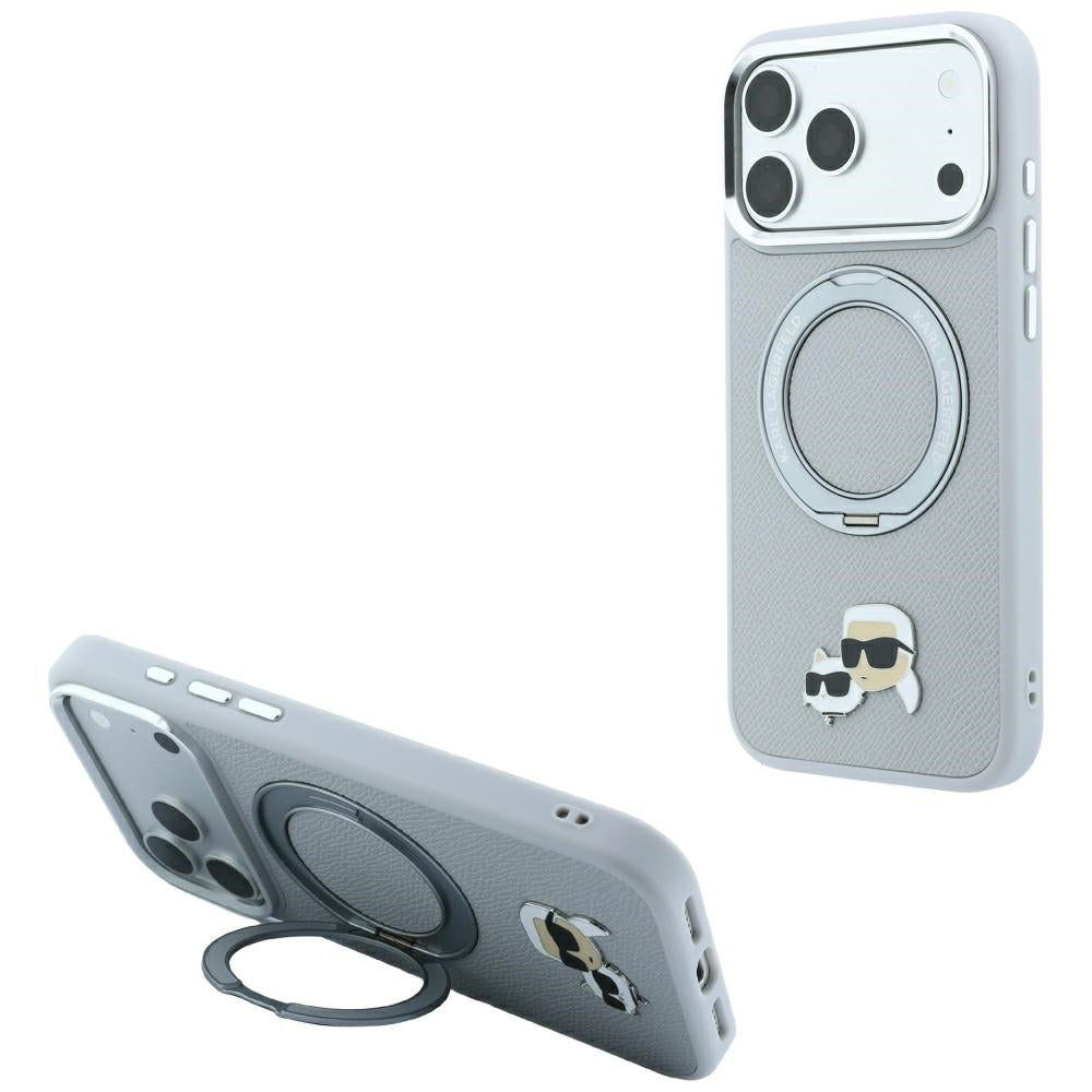 MagSafe Case for Apple iPhone 18 Pro / 17 Pro, Karl Lagerfeld, Ring Stand 360 Karl & Choupette Pin, Gray