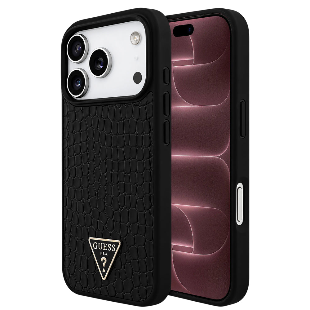 MagSafe Case for Apple iPhone 18 Pro Max / 17 Pro Max, Guess, Croco Triangle Logo, Black