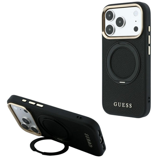 MagSafe Case for Apple iPhone 18 Pro Max / 17 Pro Max, Guess, Grained Ring Stand 360 Classic, Black