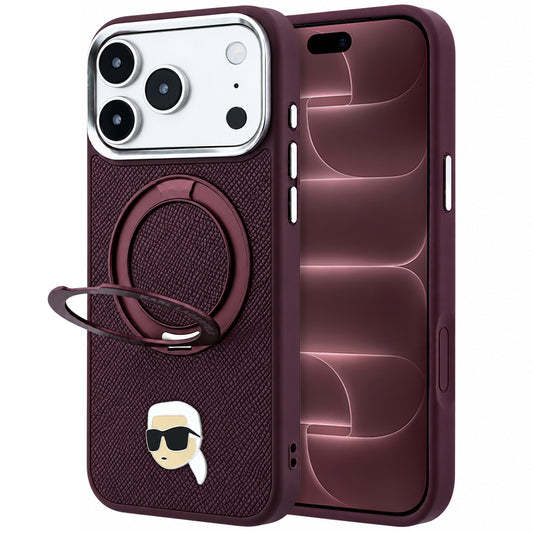 MagSafe Case for Apple iPhone 18 Pro Max / 17 Pro Max, Karl Lagerfeld, Ring Stand 360 Karl Pin, Burgundy