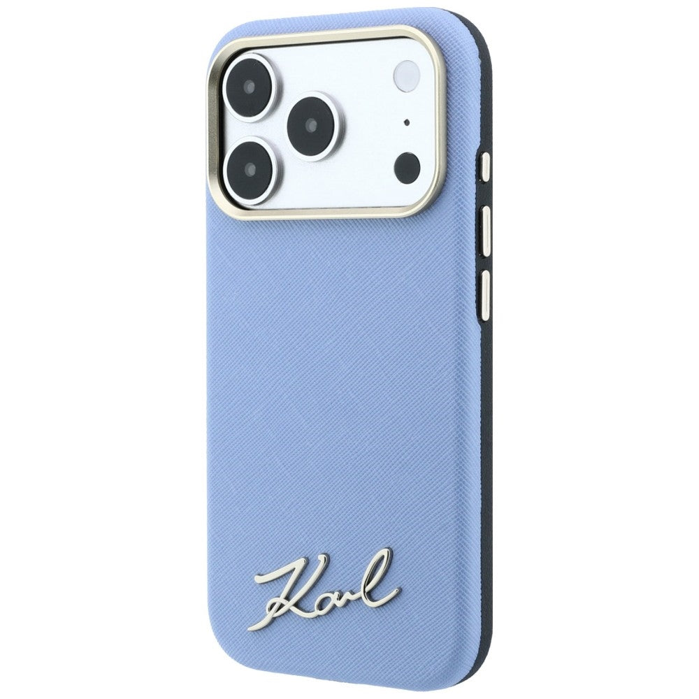 MagSafe Case for Apple iPhone 18 Pro Max / 17 Pro Max, Karl Lagerfeld, Saffiano Small Script Metal Logo, Blue
