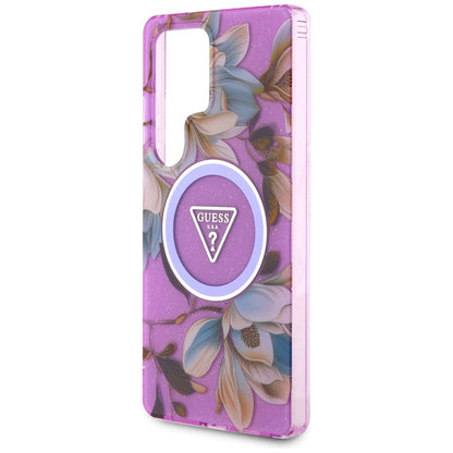 MagSafe Case for Samsung Galaxy S25 Ultra S938, Guess, IML Metal Glitter Flowers Triangle, Purple