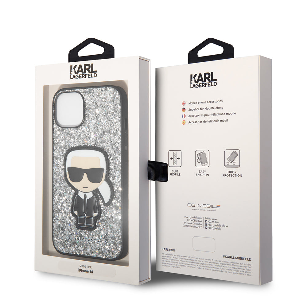 Case for Apple iPhone 14, Karl Lagerfeld, Glitter Flakes Ikonik Karl, Silver