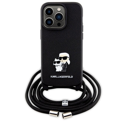 Case for Apple iPhone 14 Pro, Karl Lagerfeld, Saffiano Crossbody Metal Pin Karl & Choupette, Black