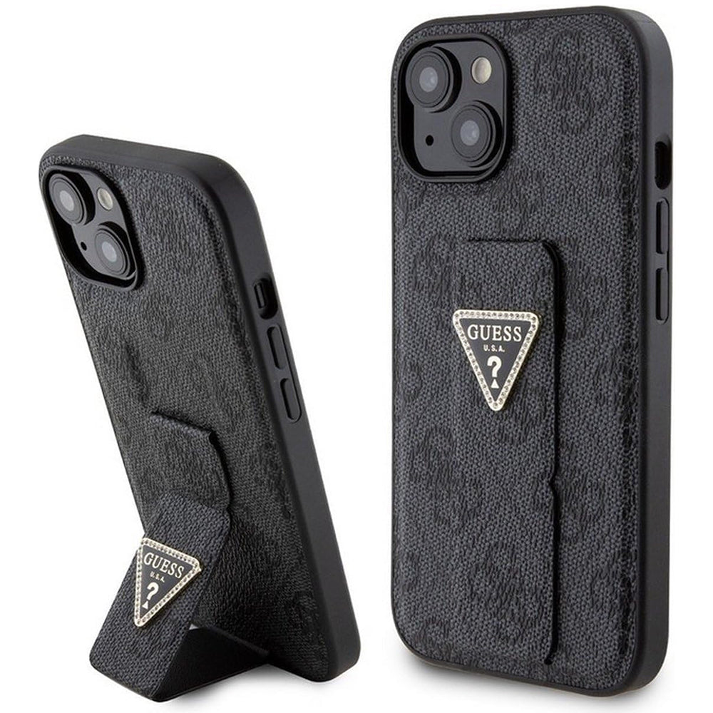 Case for Apple iPhone 15, Guess, Grip Stand 4G Triangle Strass, Black