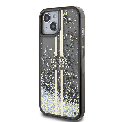Case for Apple iPhone 15, Guess, Liquid Glitter Gold Stripes, Black