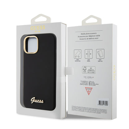 Case for Apple iPhone 15, Guess, Script Metal Logo & Frame, Black