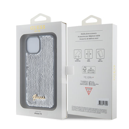 Case for Apple iPhone 15, Guess, Sequin Script Metal, Silver