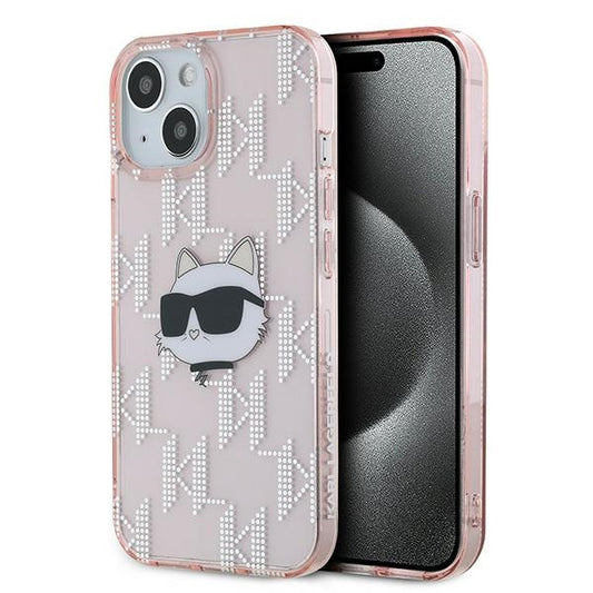 Case for Apple iPhone 15, Karl Lagerfeld, IML Luxury Monogram Choupette's Head, Pink