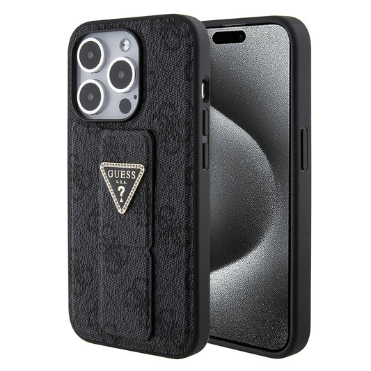 Case for Apple iPhone 15 Pro, Guess, Grip Stand 4G Triangle Strass, Black