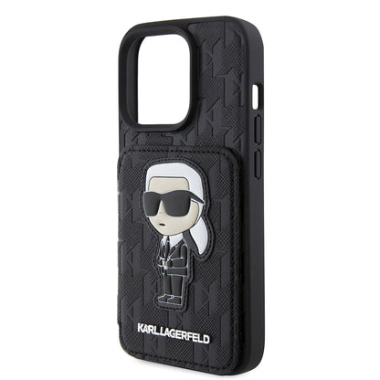 Case for Apple iPhone 15 Pro, Karl Lagerfeld, Saffiano Cardslots and Stand Monogram Ikonik Karl, Black