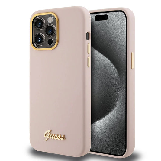Case for Apple iPhone 15 Pro Max, Guess, Script Metal Logo & Frame, Light Pink