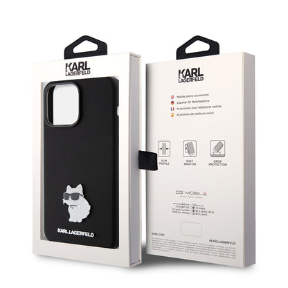 Case for Apple iPhone 15 Pro Max, Karl Lagerfeld, Silicone Choupette Metal, Black
