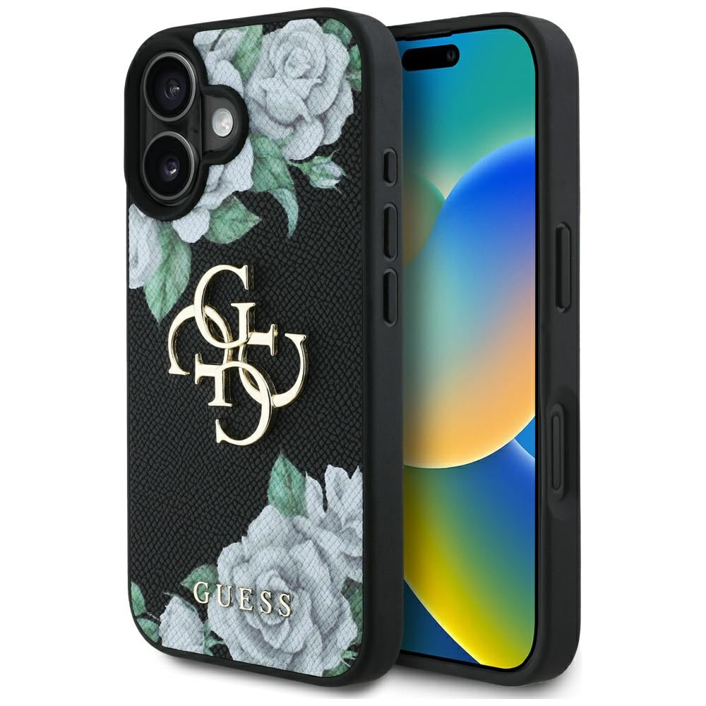 Case for Apple iPhone 16, Guess, 4G Grained Roses Big Logo, Black