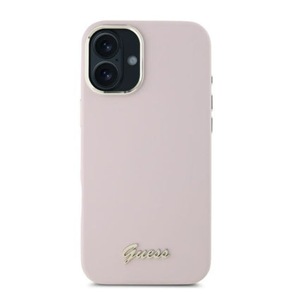 Case for Apple iPhone 16, Guess, Script Metal Logo & Frame, Pink