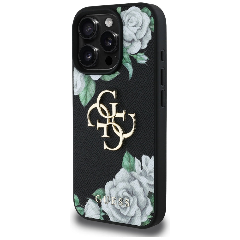 Case for Apple iPhone 16 Pro, Guess, 4G Grained Roses Big Logo, Black